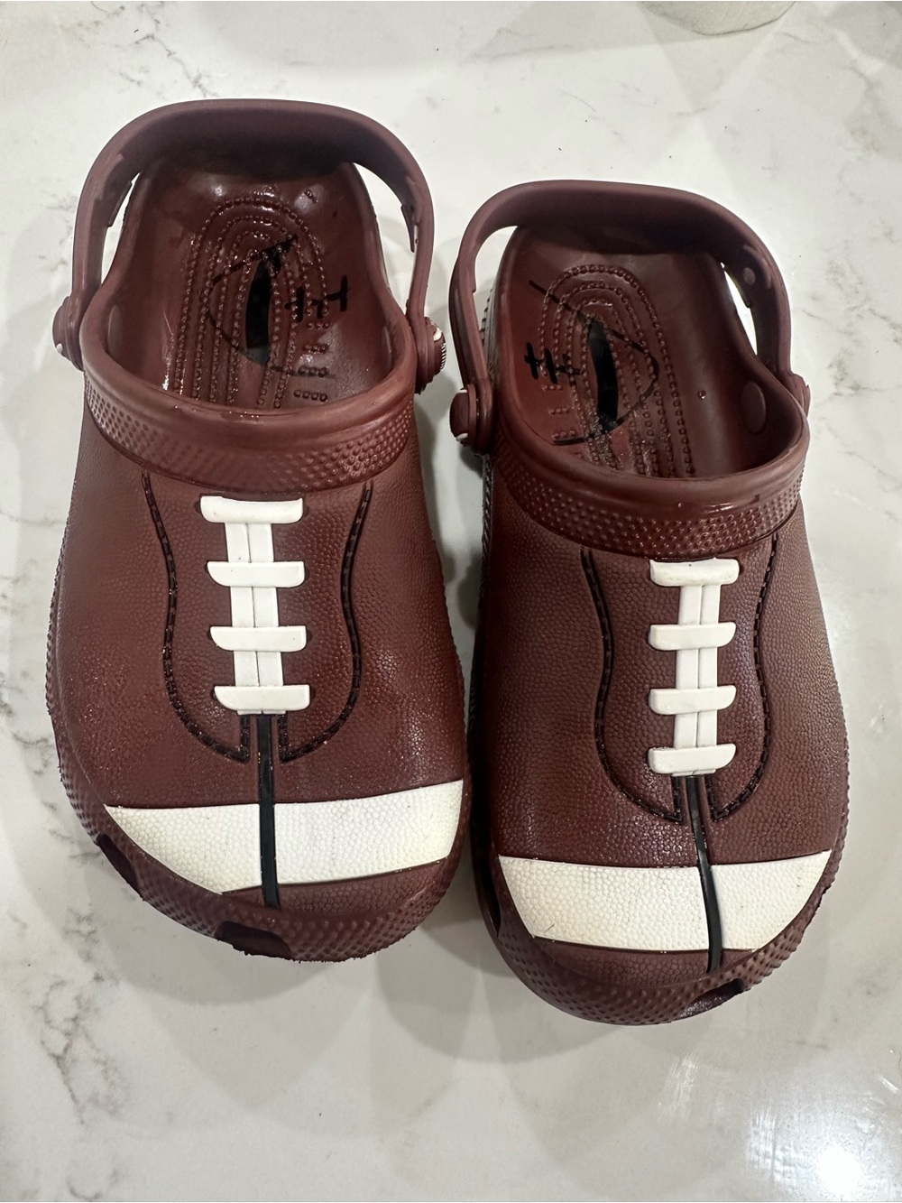 CROCS Kids Brown Clog Sandals with White Football Accent